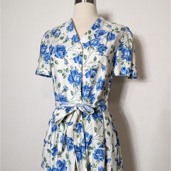 SOLD Vintage 50s Handmade Blue Floral Print Midi Maxi Wrap Dress Short Sleeve - Picture 4 of 16